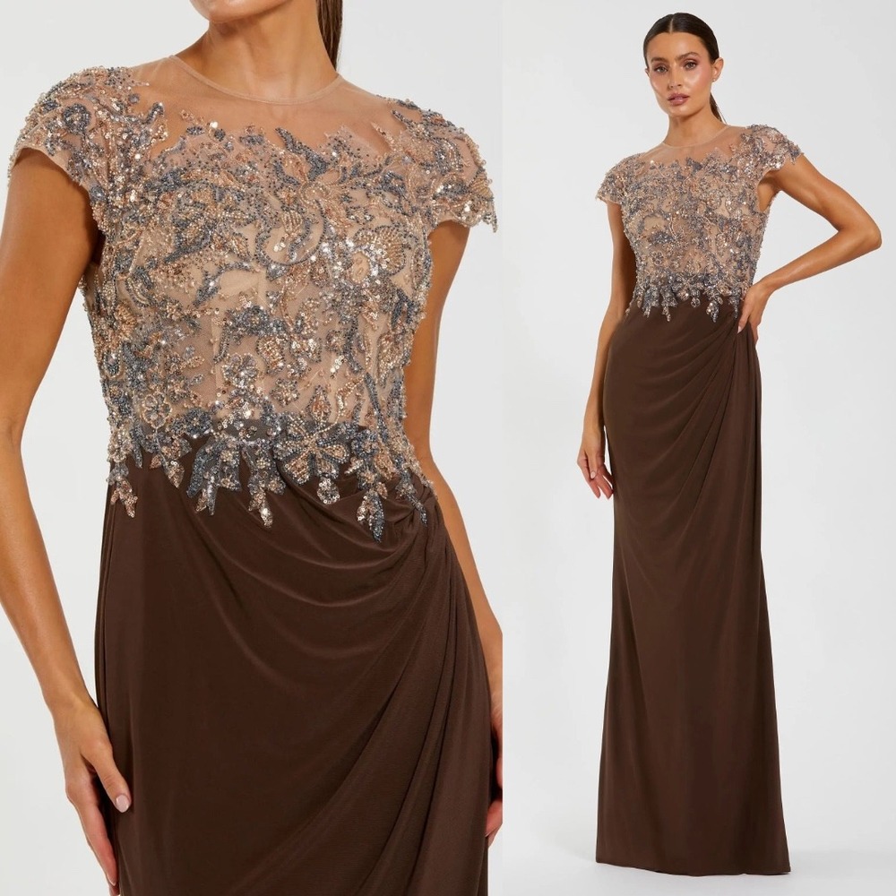 Mac Duggal Brown and Champagne Beaded Embellished Maxi Dress